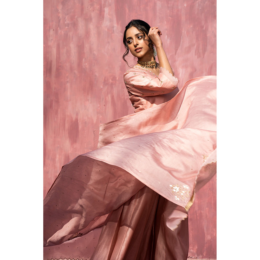 WeaverStory Pink Handloom Chanderi Silk Gota Patti Scalloped Sharara with Dupatta (Set of 3)