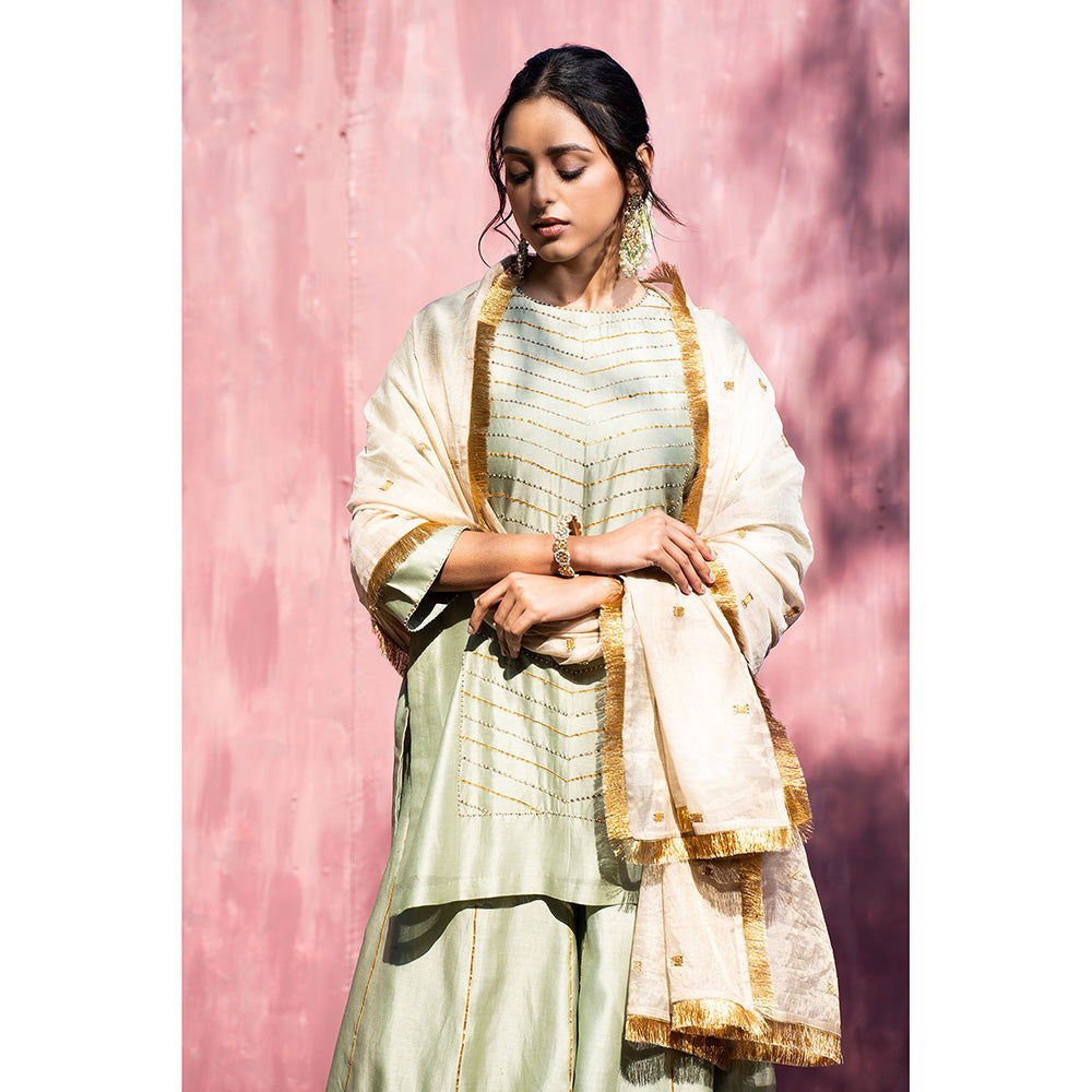 WeaverStory Pista Handloom Chanderi Silk Gota Sharara with Gold Tissue Dupatta (Set of 3)