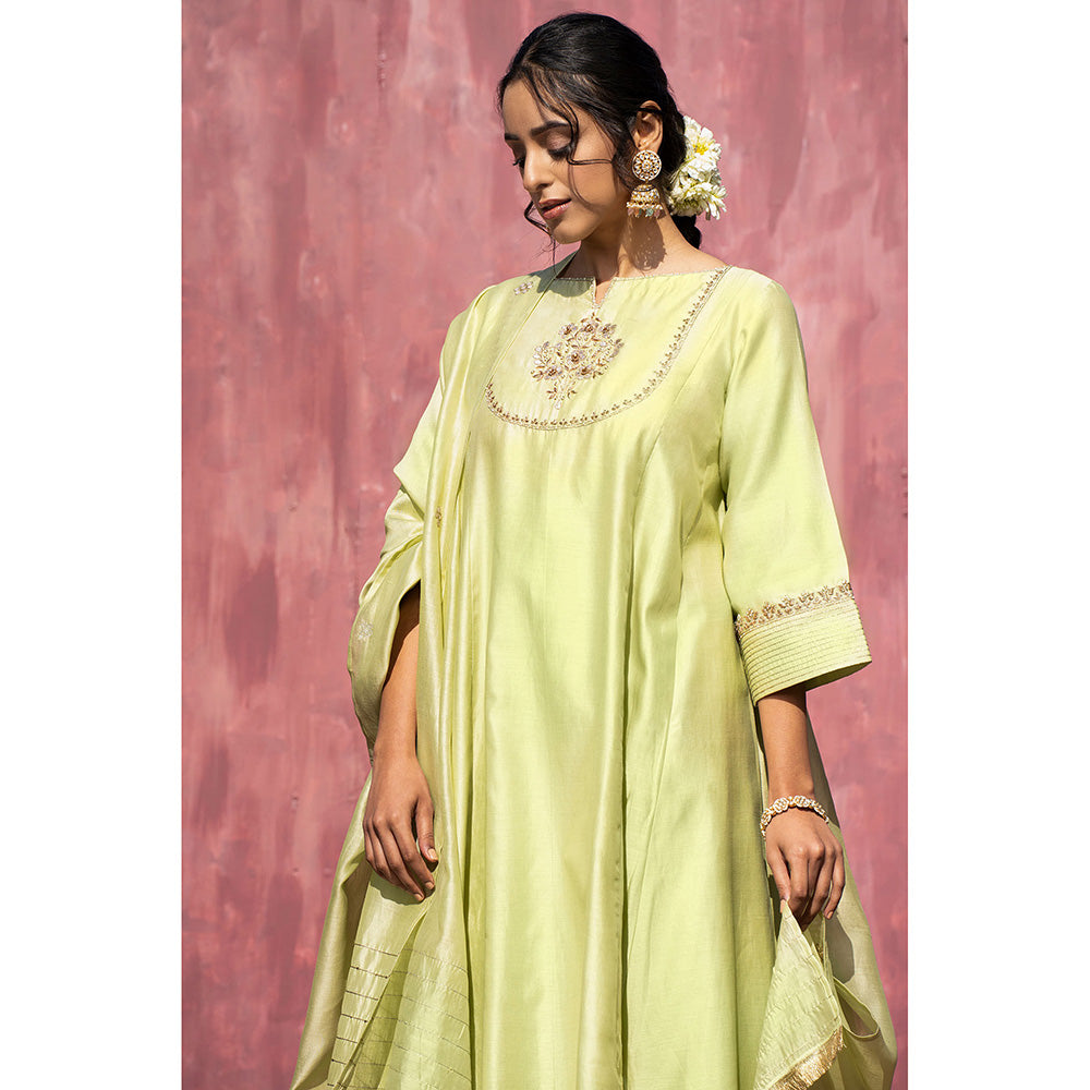 WeaverStory Handloom Lime Green Chanderi Silk Gota Suit with Pants and Dupatta (Set of 3)