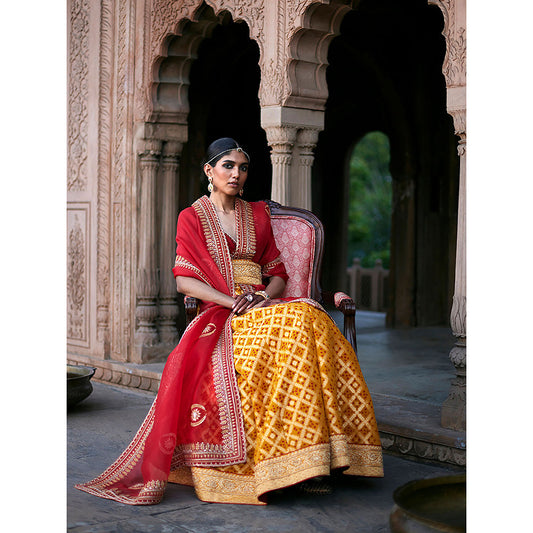 WeaverStory Yellow Banarasi Lehenga with Red Choli and Dupatta and Yellow Belt (Set of 3)