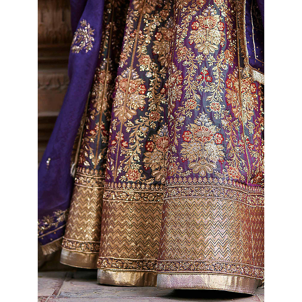 WeaverStory Blue Dual Shade Hand Zardozi Lehenga with Choli and Organza Dupatta (Set of 3)