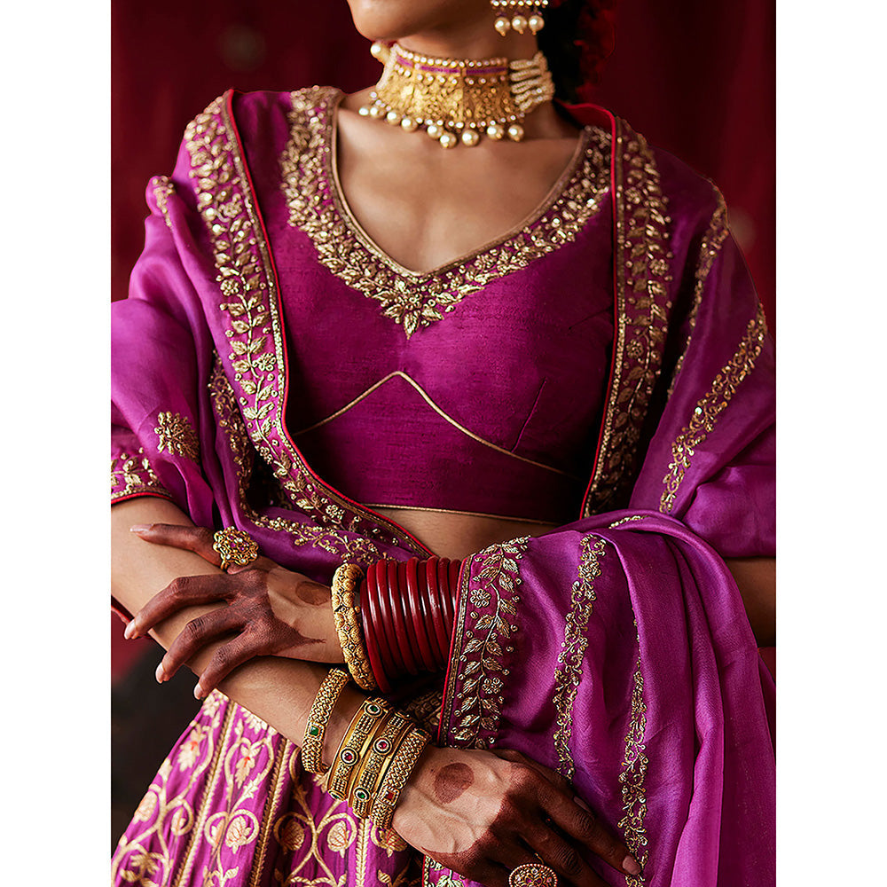 WeaverStory Mulled Wine Hand Zardozi Banarasi Lehenga with Choli and Dupatta (Set of 3)