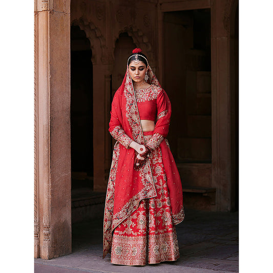 WeaverStory Red Hand Brocade Lehenga with Choli and Pure Organza Dupatta (Set of 3)