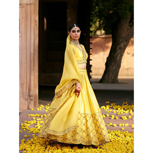 WeaverStory Yellow Raw Silk Lehenga with Choli and Organza Dupatta (Set of 3)