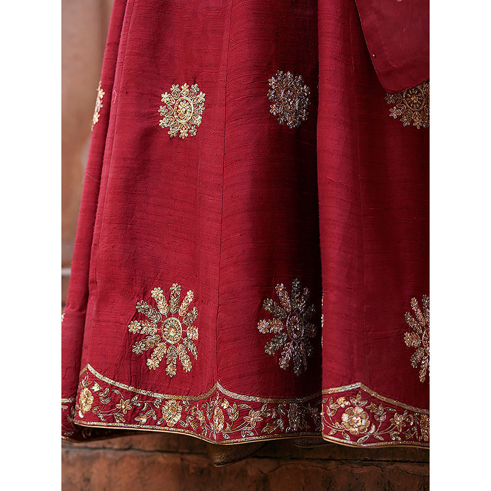 WeaverStory Vermillion Red Raw Silk Zardozi Lehenga with Choli and Zardozi Dupatta (Set of 3)