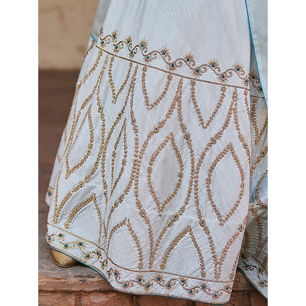 WeaverStory Mint Green Hand Raw Silk Skirt with Pure Silk Choli and Dupatta (Set of 3)