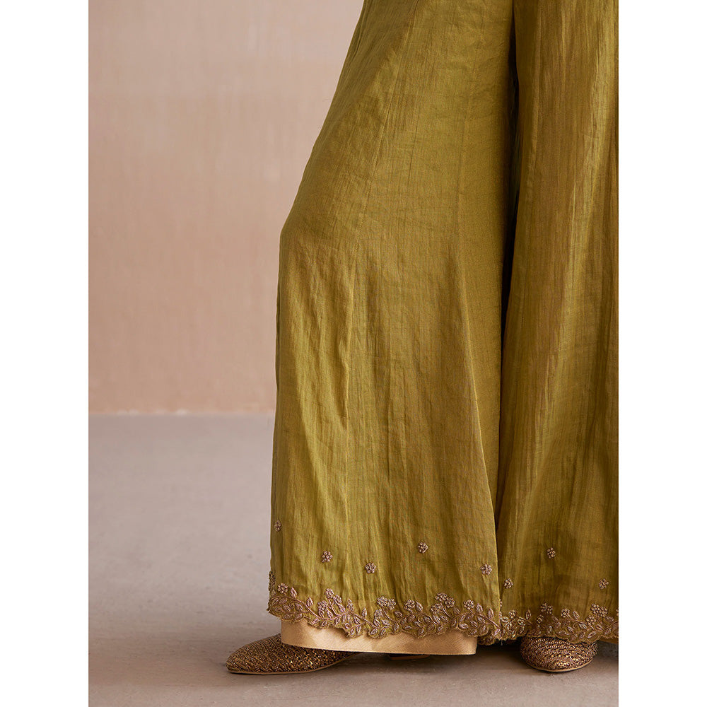 WeaverStory Izhaar Chartreuse Green Cotton Tissue Kurta with Skirt and Dupatta (Set of 3)