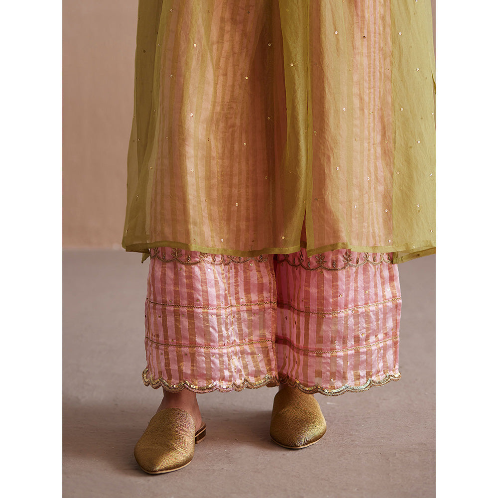 WeaverStory Inaayat Chartreuse Green Cotton Tissue Kurta with Palazzo and Dupatta (Set of 3)