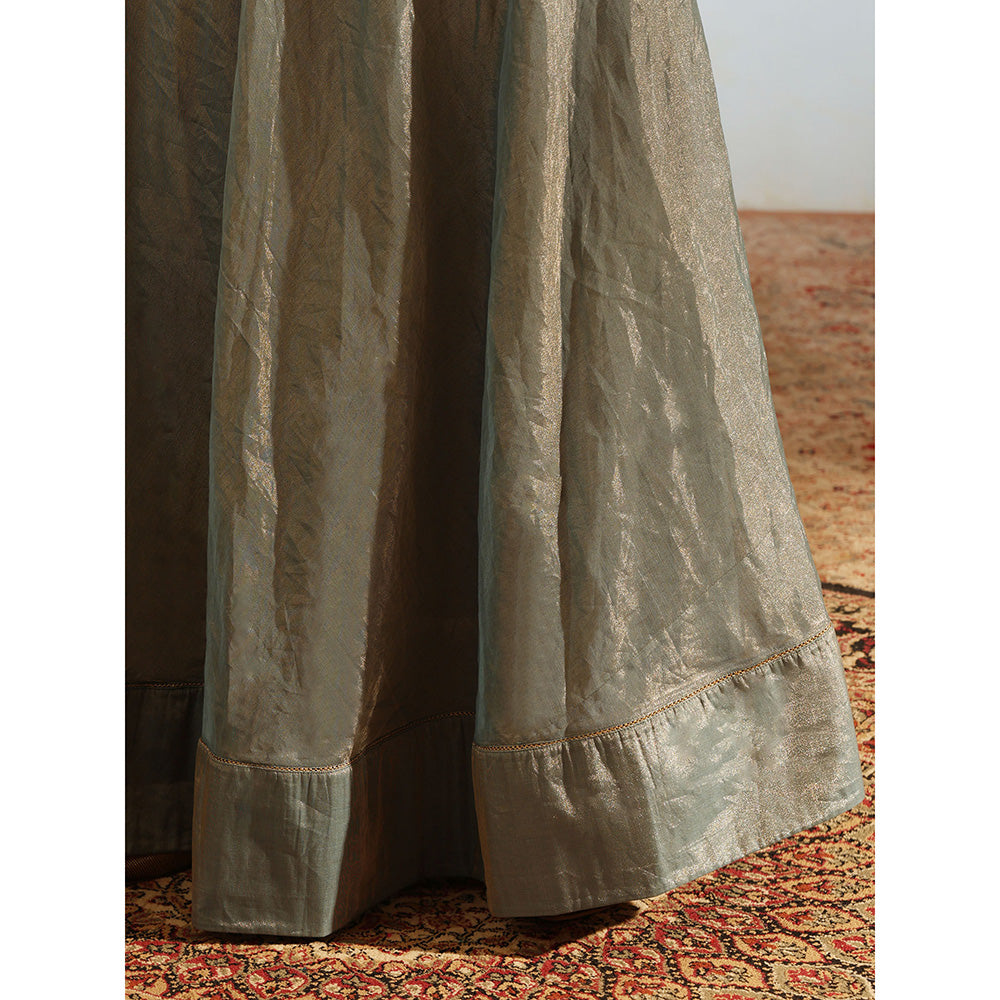 WeaverStory Blue Tissue Silk Anarkali Kurta with Churidar and Organza Dupatta (Set of 3)