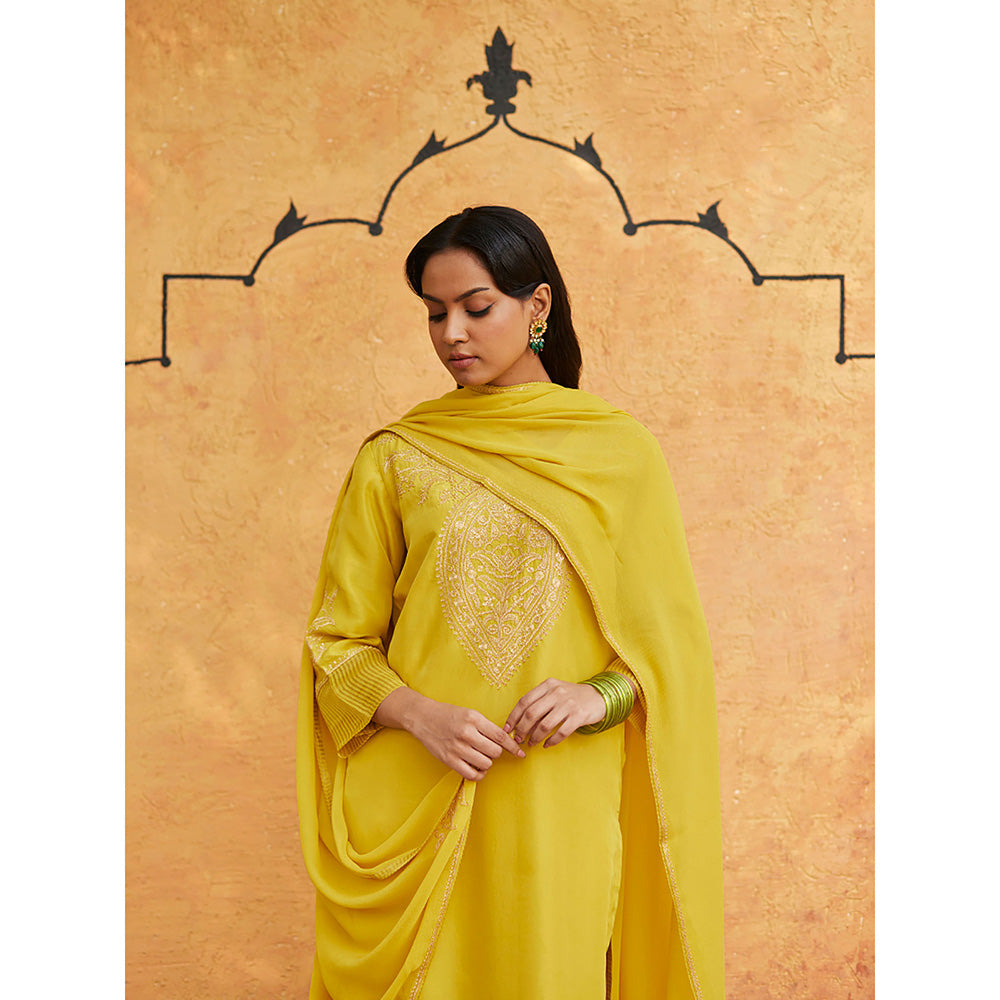 WeaverStory Yellow Pure Silk Tilla Hand Embroidered Kurta With Pants And Dupatta (Set of 3)