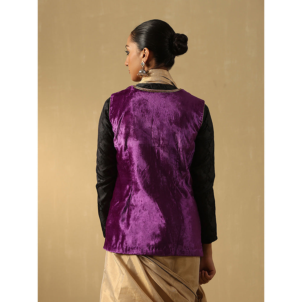 WeaverStory Purple Hand Embroidered Zardozi Silk Velvet Sleeveless Jacket