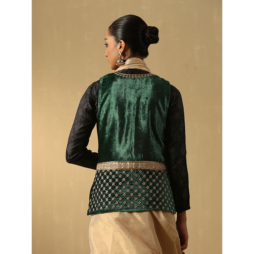 WeaverStory Green Hand Embroidered Zardozi Silk Velvet Jacket