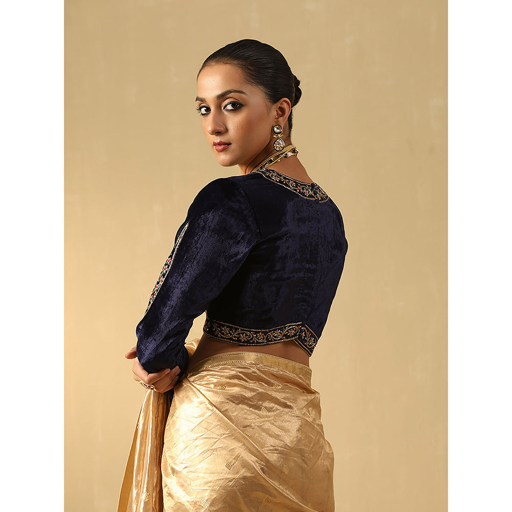 WeaverStory Navy Blue Hand Embroidered Zardozi Silk Velvet Blouse With Resham