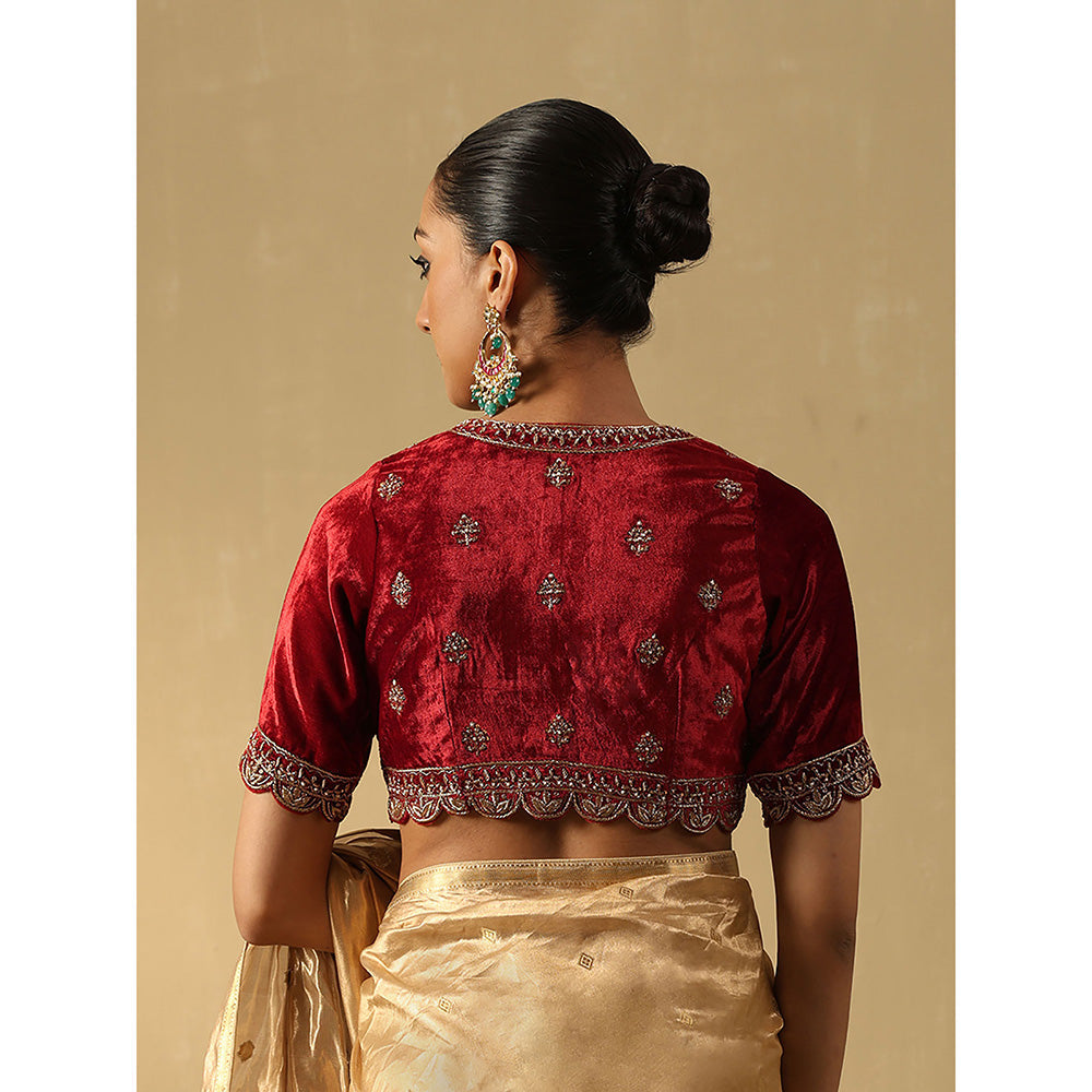 WeaverStory Rust Maroon Hand Embroidered Zardozi Silk Velvet Blouse With Scalloped Hemline