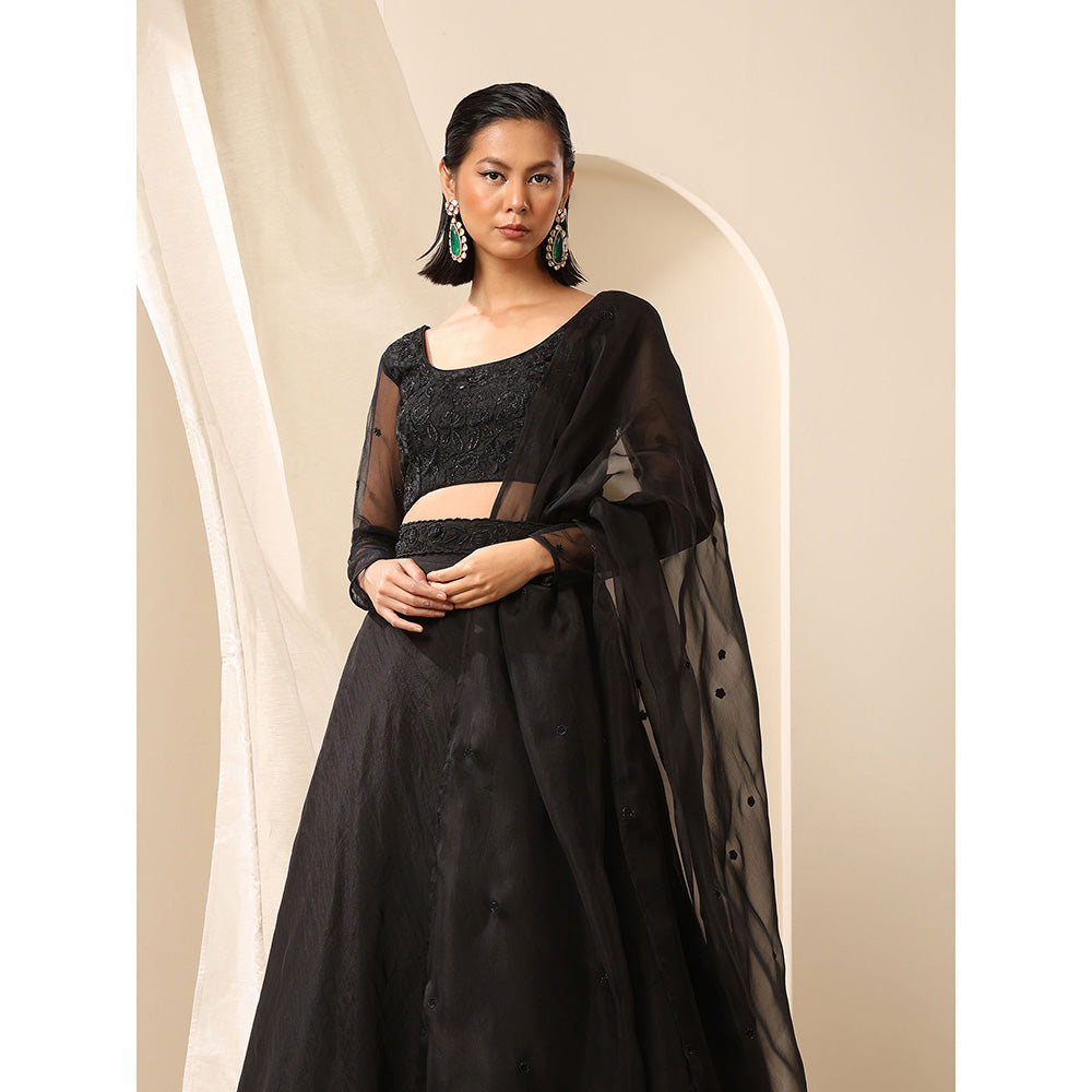 WeaverStory Black Organza Lehenga Embroidered Blouse And Dupatta with Belt (Set of 4)
