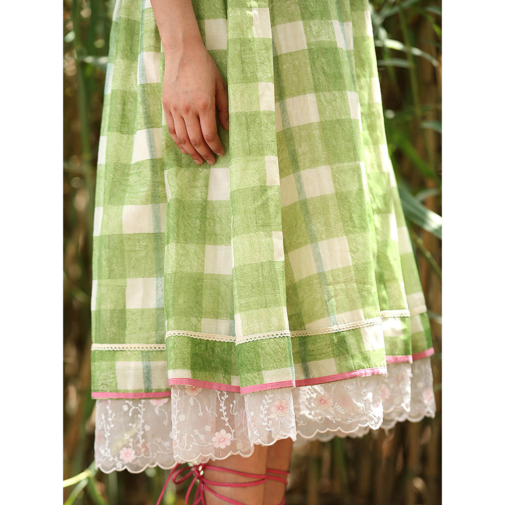 WeaverStory Green Hand block Printed Checkered Dress