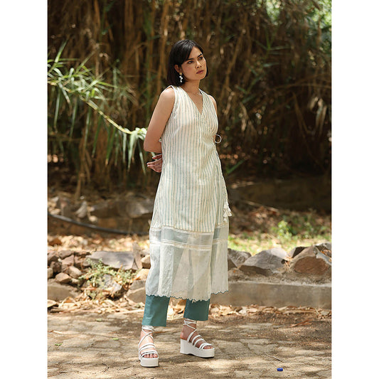 WeaverStory White Wrap Printed Kurta with Pant (Set of 2)