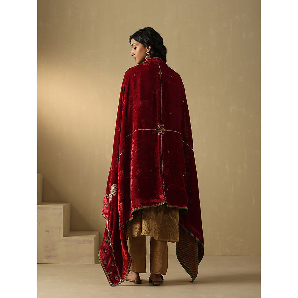 WeaverStory Maroon Embroidered Zardozi Dupatta