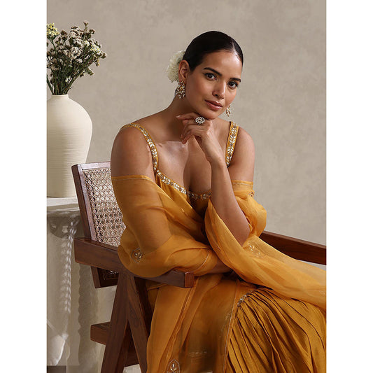 WeaverStory Mustard Chanderi Embroidered Kurta with Sharara and Organza Dupatta (Set of 3)