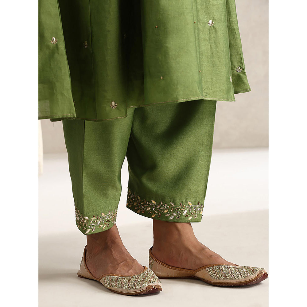 WeaverStory Green Chanderi Embroidered Anarkali with Pant and Dupatta (Set of 3)