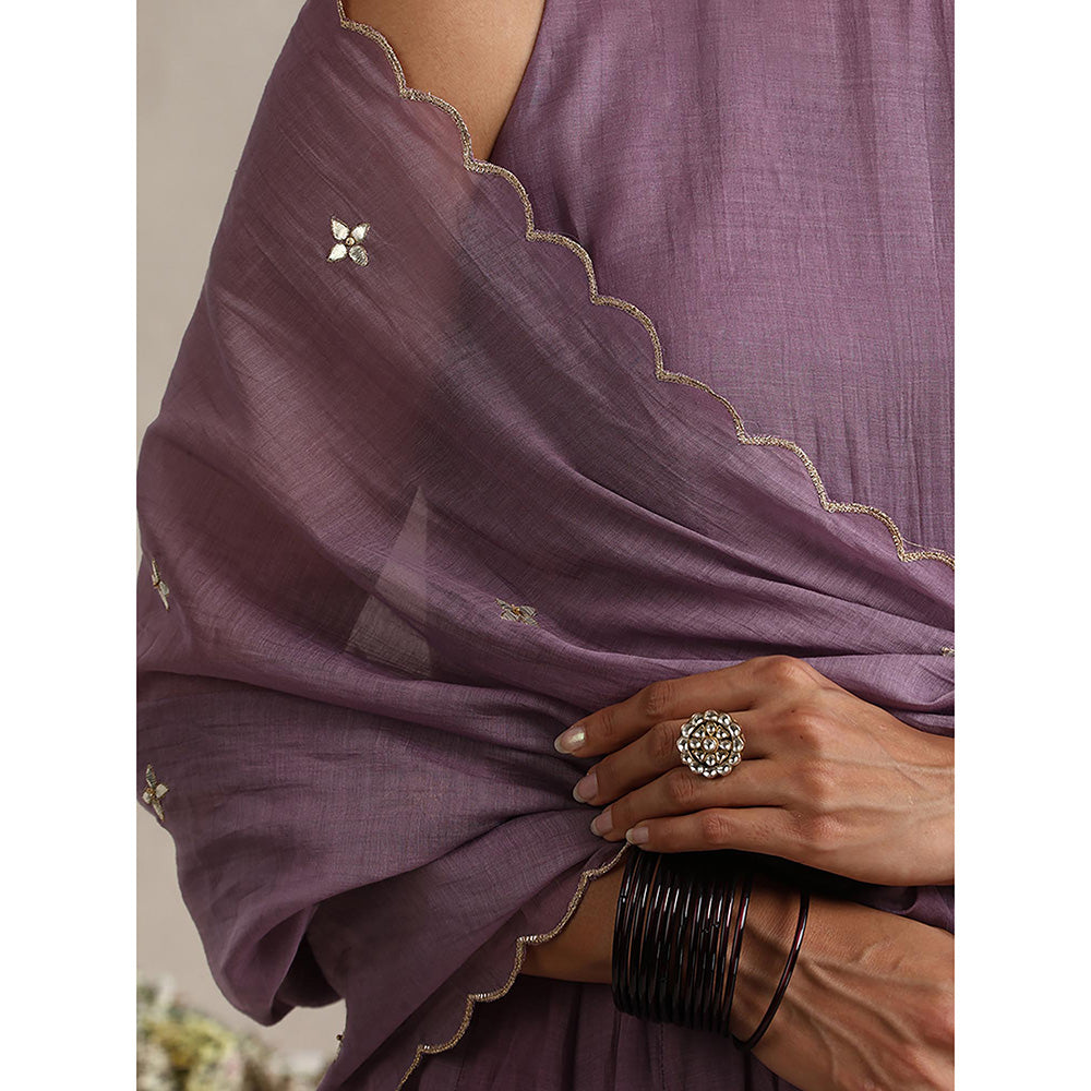 WeaverStory Purple Chanderi Embroidered Anarkali with Churidar with Dupatta (Set of 3)