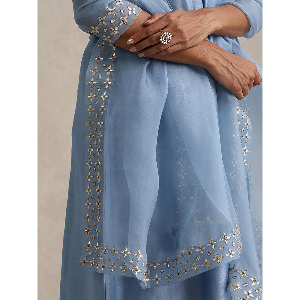 WeaverStory Light Blue Chanderi Embroidered Anarkali with Pant and Dupatta (Set of 3)