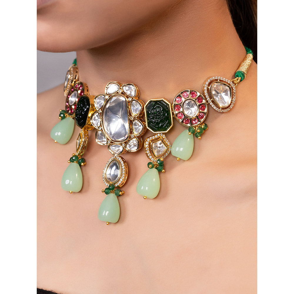 XAGO Le Habe Multi Beads Kundan and Mossanite Studded Choker Necklace