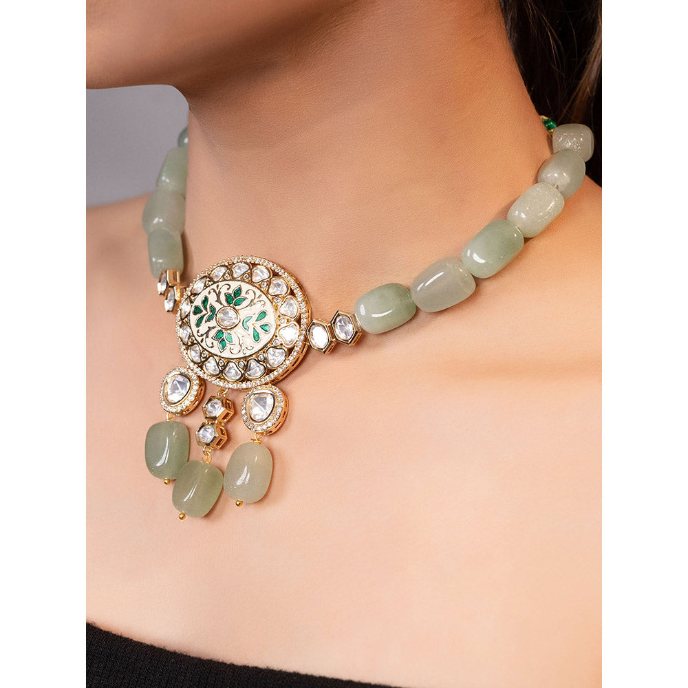 XAGO Le Teylie Green Kundan Beads and Mossanite Studded Necklace