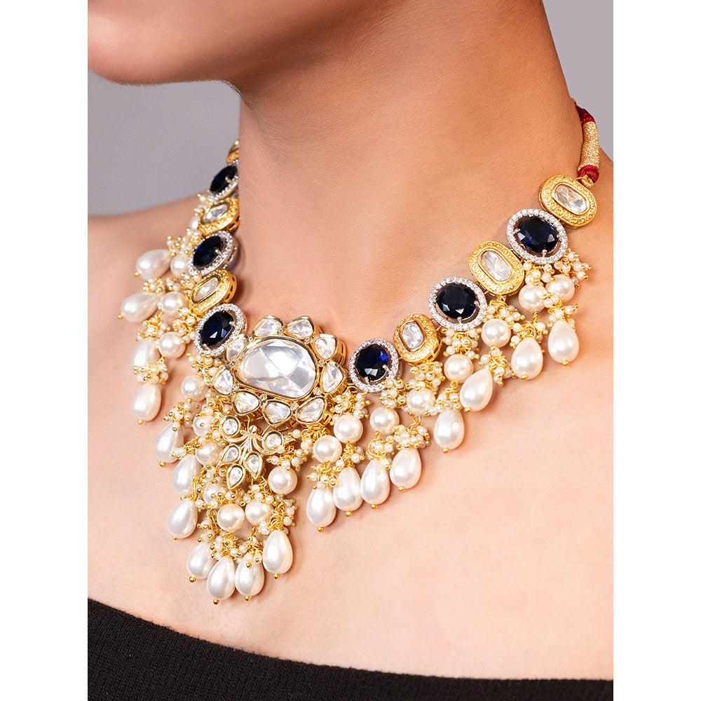 XAGO Le Vaia Gold Plated Blue and White Studded Necklace