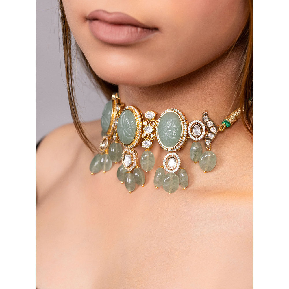 XAGO Le Zia Gold Plated Sea Green Beads and Stones Choker Necklace