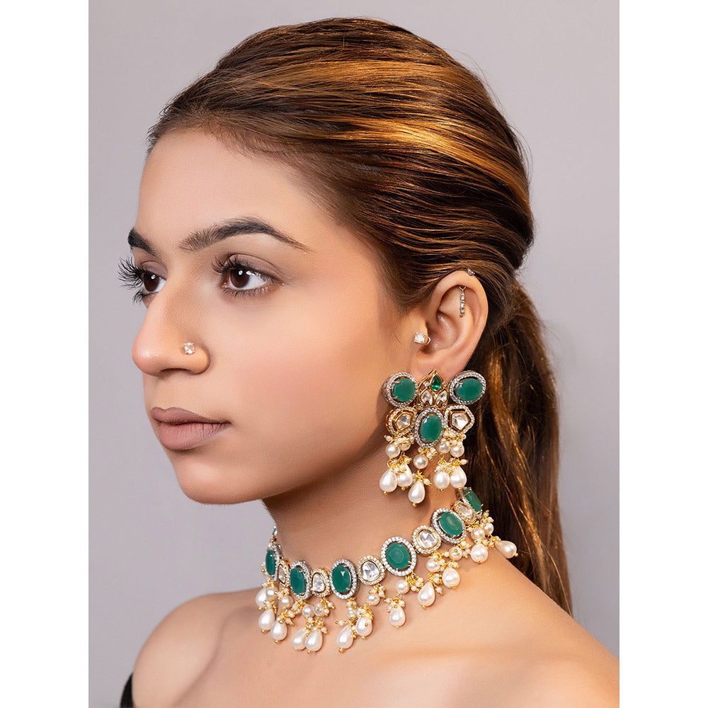 XAGO Le Adi Gold Plated Mint Green Beads and Pearls Studded Choker Set