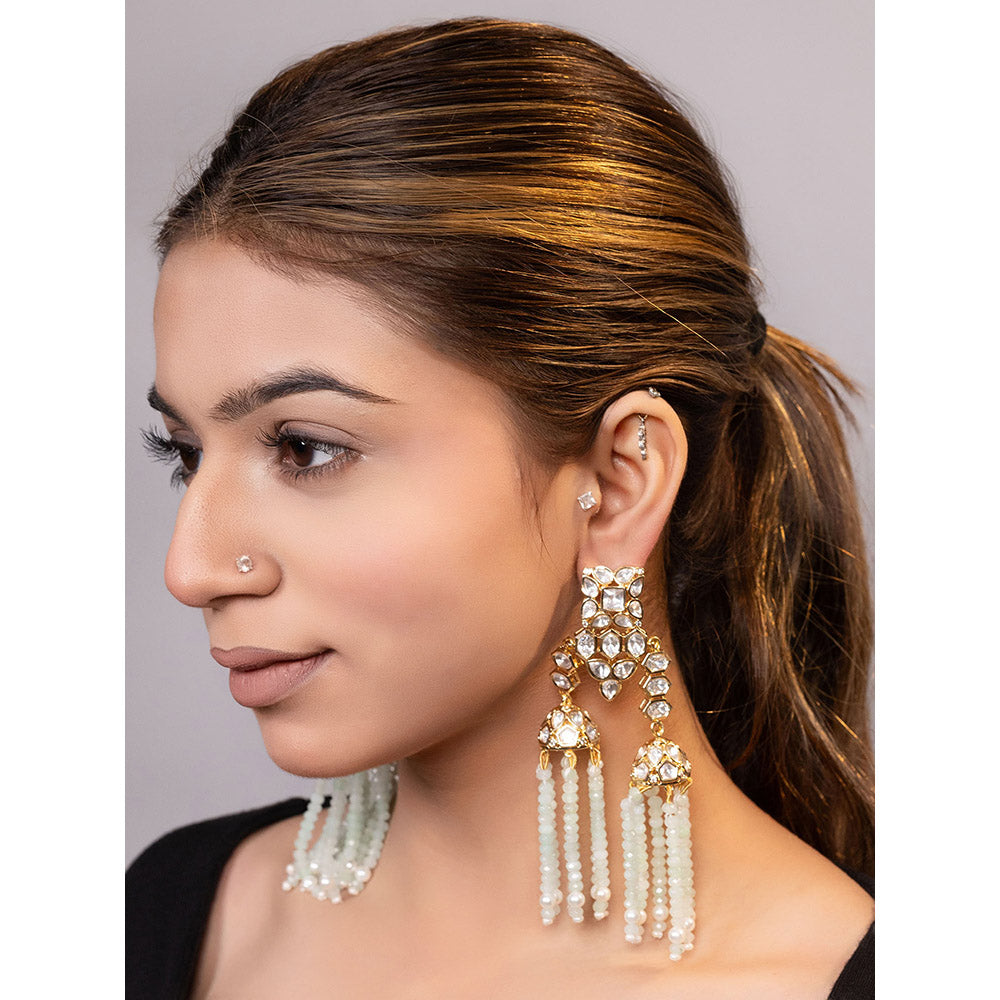 XAGO Le Yuvan Mint Green Kundan Beads Studded Jhumka Earrings