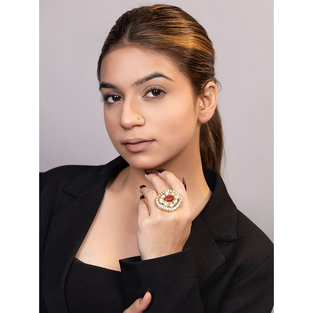 XAGO Le Kirion Gold-Plated Red Kundan Beads-Studded Adjustable Ring