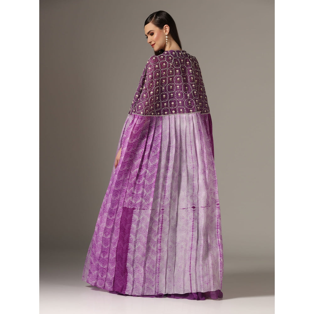 YASHODHARA Purple Cape with Moti Bustier and Pleated Palazzo (Set of 3)