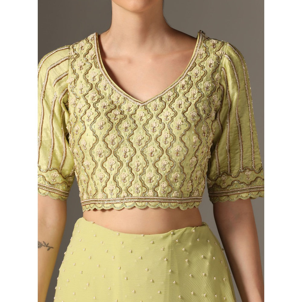 YASHODHARA Jade Chiffon Mughal Sequined Blouse with Saree