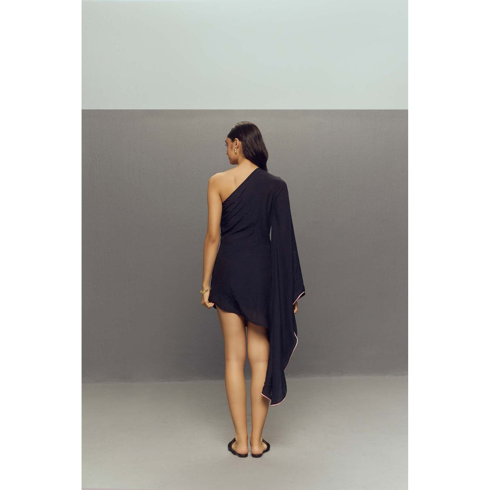 Zaitra Black Crepe Linen Butterfly Dress