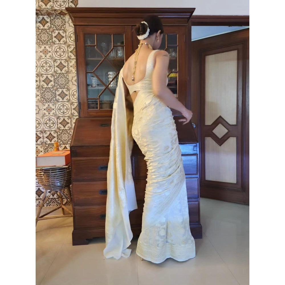 Zal from Benaras Cream Banarasi Handloom Saree with Unstitched Blouse