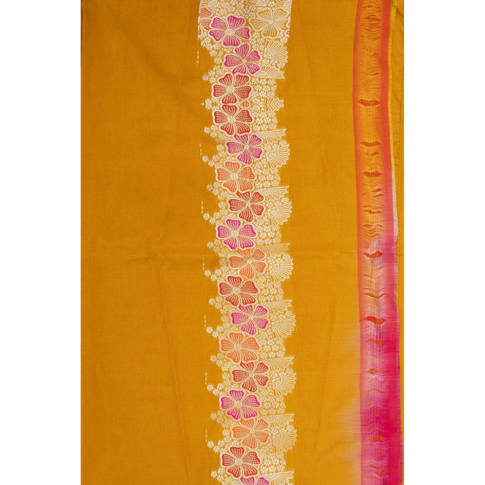 Zal from Benaras Mustard Pearl Work Silk Banarasi Handloom Saree with Unstitched Blouse