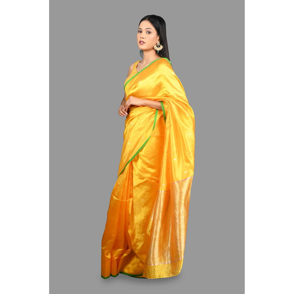Zal from Benaras Yellow Pure Chanderi Silk Banarasi Handloom Saree with Unstitched Blouse