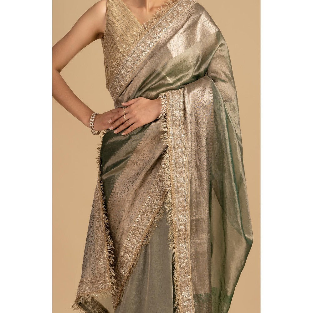 Zal from Benaras Green Shade Crushed Tissue Silk Banarasi Handloom Saree without Blouse