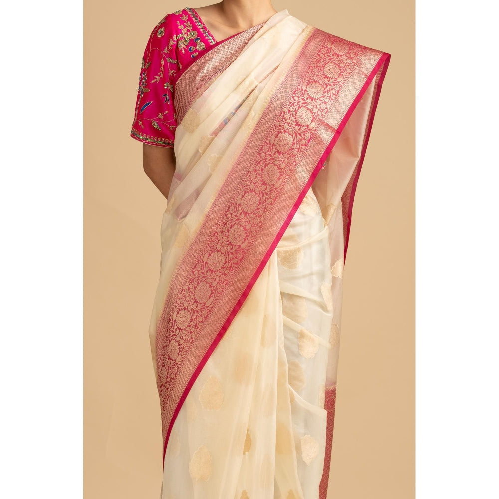 Zal from Benaras White Kora Organza Silk Banarasi Handloom Saree without Blouse