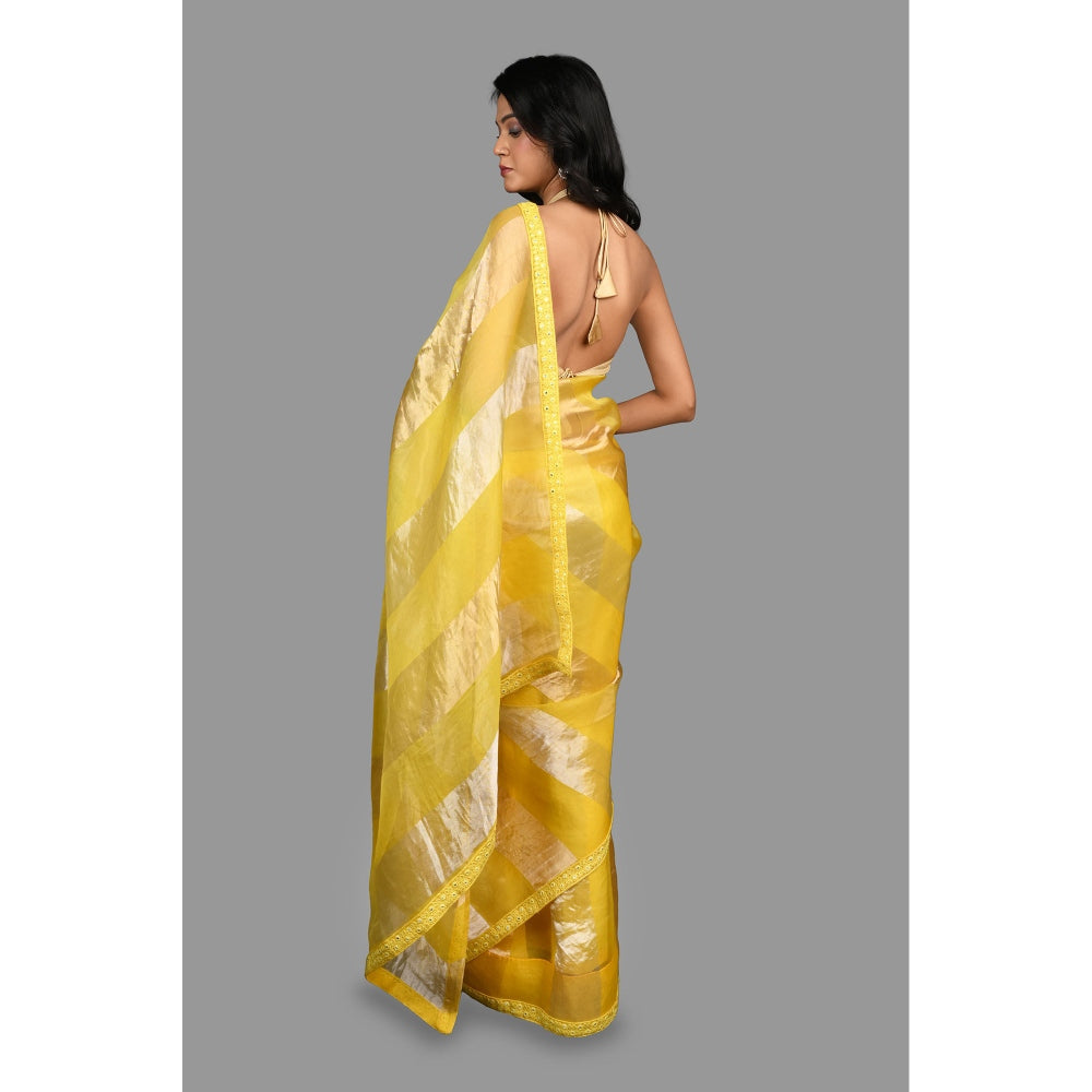 Zal from Benaras Lemon Yellow Pure Organza Silk Stripe Zari Saree without Blouse