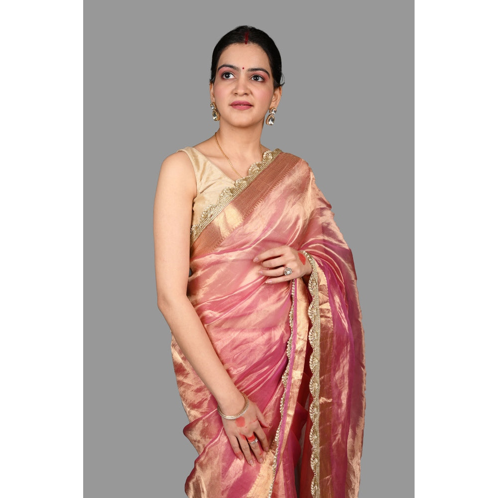 Zal from Benaras Baby Pink Pure Tissue Silk Banarasi Handloom Saree without Blouse