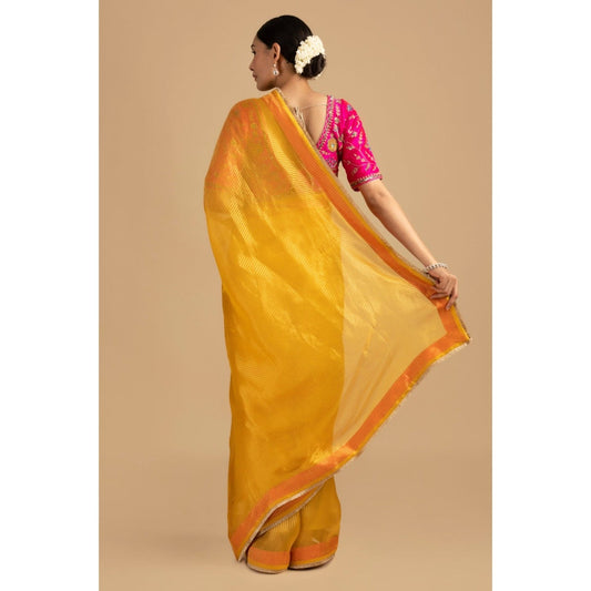 Zal from Benaras Yellow Pure Organza Zari Silk Banrasi Saree with Stitched Blouse