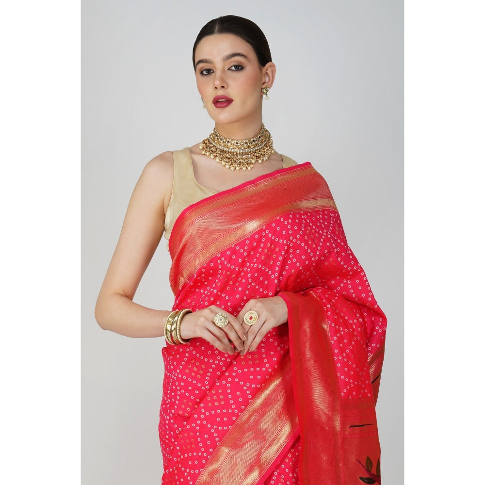 Zal from Benaras Pink Pure Silk Paithani Bandhej Work Saree without Blouse