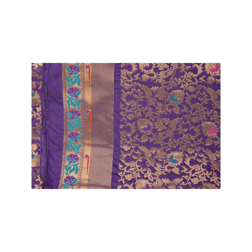 Zal from Benaras Purple Pure Silk Banarasi Handloom Saree without Blouse