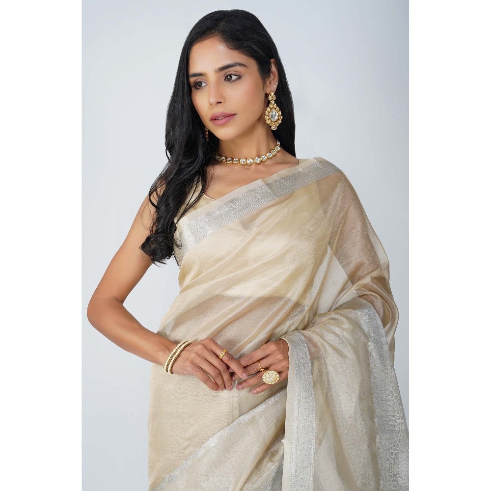 Zal from Benaras Beige Tissue Zari Silk Banarasi Handloom Saree without Blouse