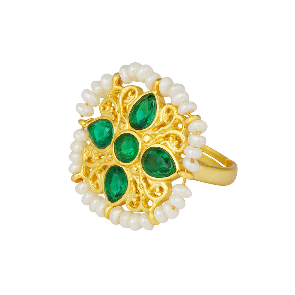 ZARIIN Green White Pearls Gold Plated Handcrafted Adjustable Ring