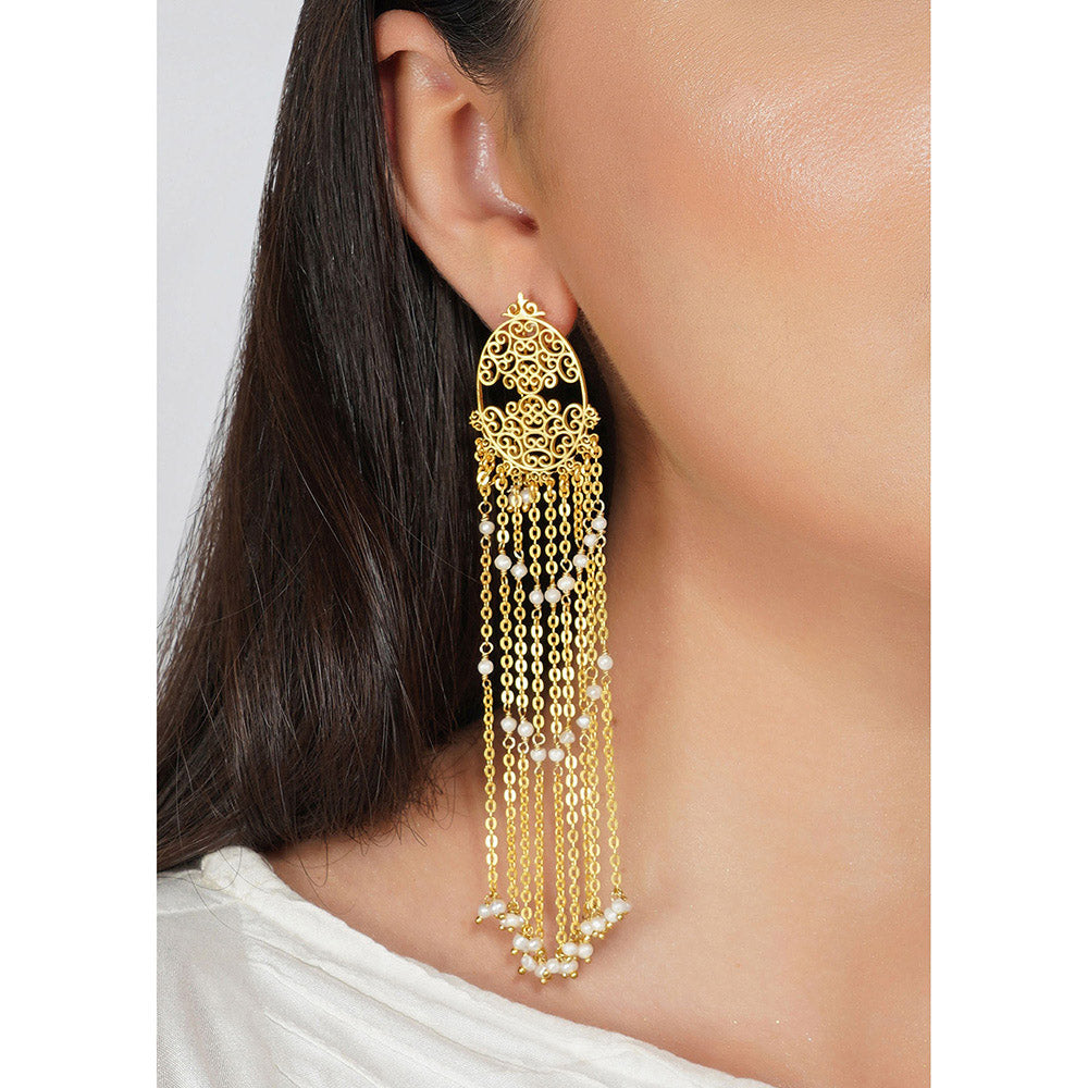 ZARIIN 22Kt Gold Plated Handcrafted with Natural Freshwater White Pearls Wedding Danglers Earrings