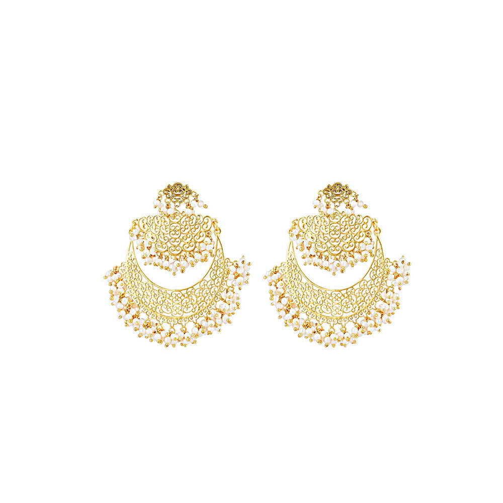 ZARIIN 22Kt Gold Plated Handcrafted with Natural Fresh Water White Pearl Wedding Drop Earrings